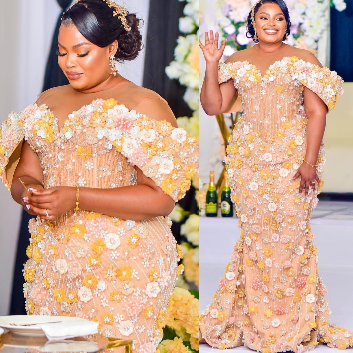 Mermaid Champagne Prom Dresses 2025 Illusion Flowers Crystals Beaded Evening Formal Party Second Birthday Engagement Gowns Plus Size Dress For Special