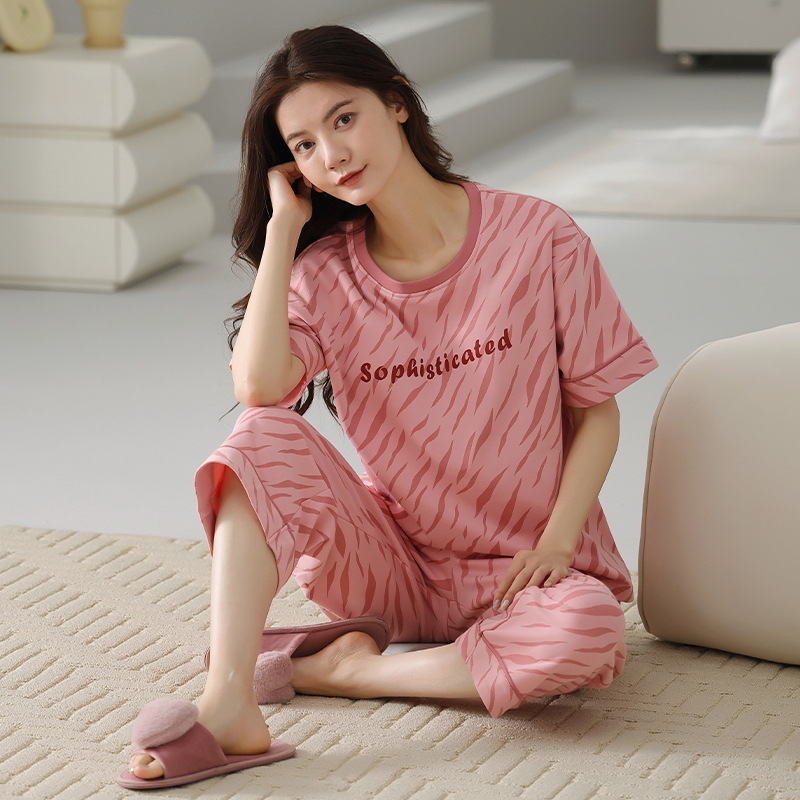 B988-Pure cotton pajamas women spring and summer short-sleeved cropped pants Korean style cartoon ladies thin home clothes pure cotton suit