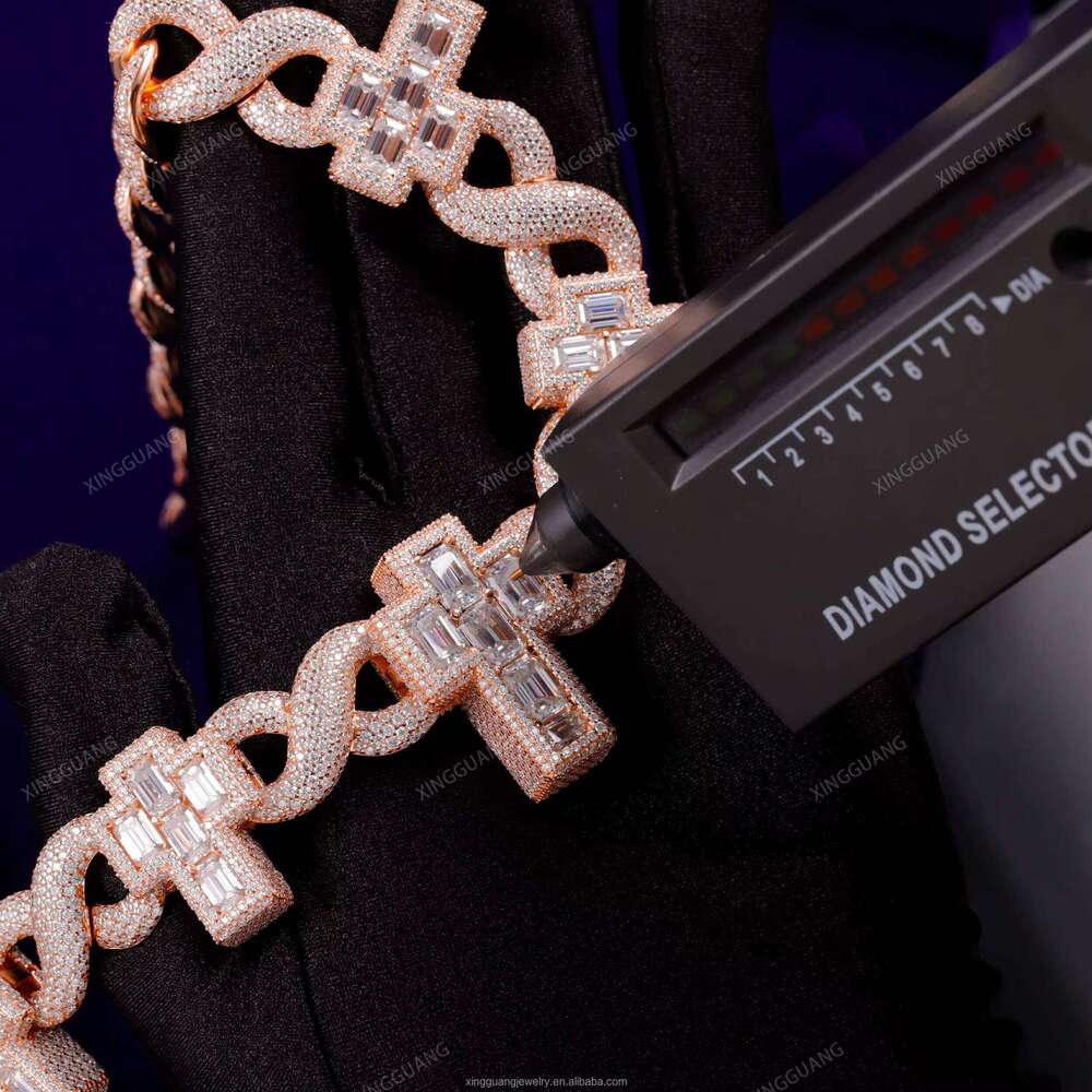 XingGuang Rapper Jewelry Iced Out Cross Design Moissanite Necklace Hip Hop Bracelet Sier Cuban Link Chain