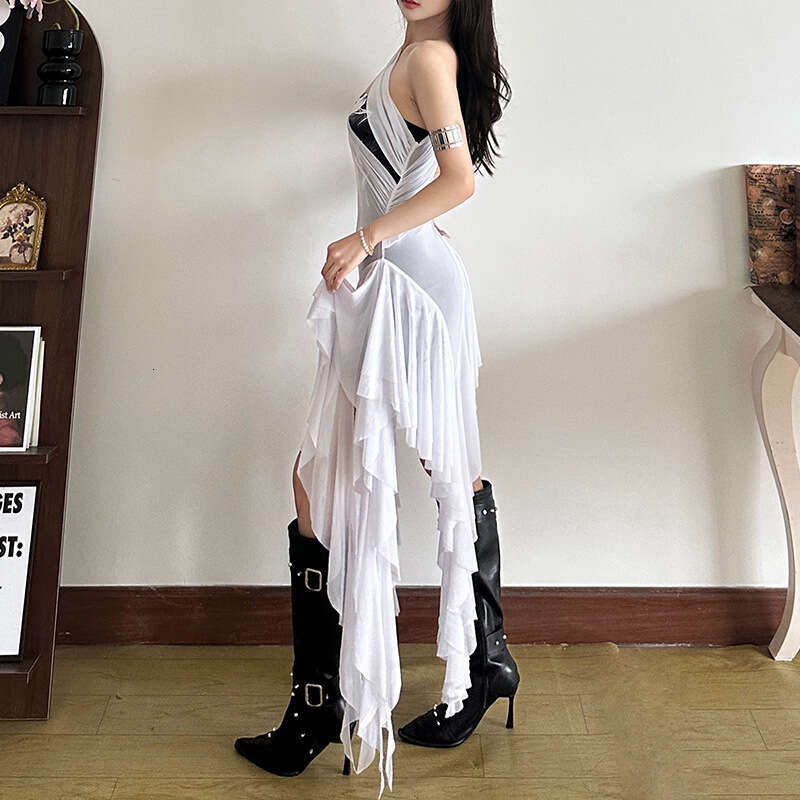 2025 Summer New Sexy One-Shoulder Sleeveless Mesh Two-Piece Irregular Slit Dress for Women 967
