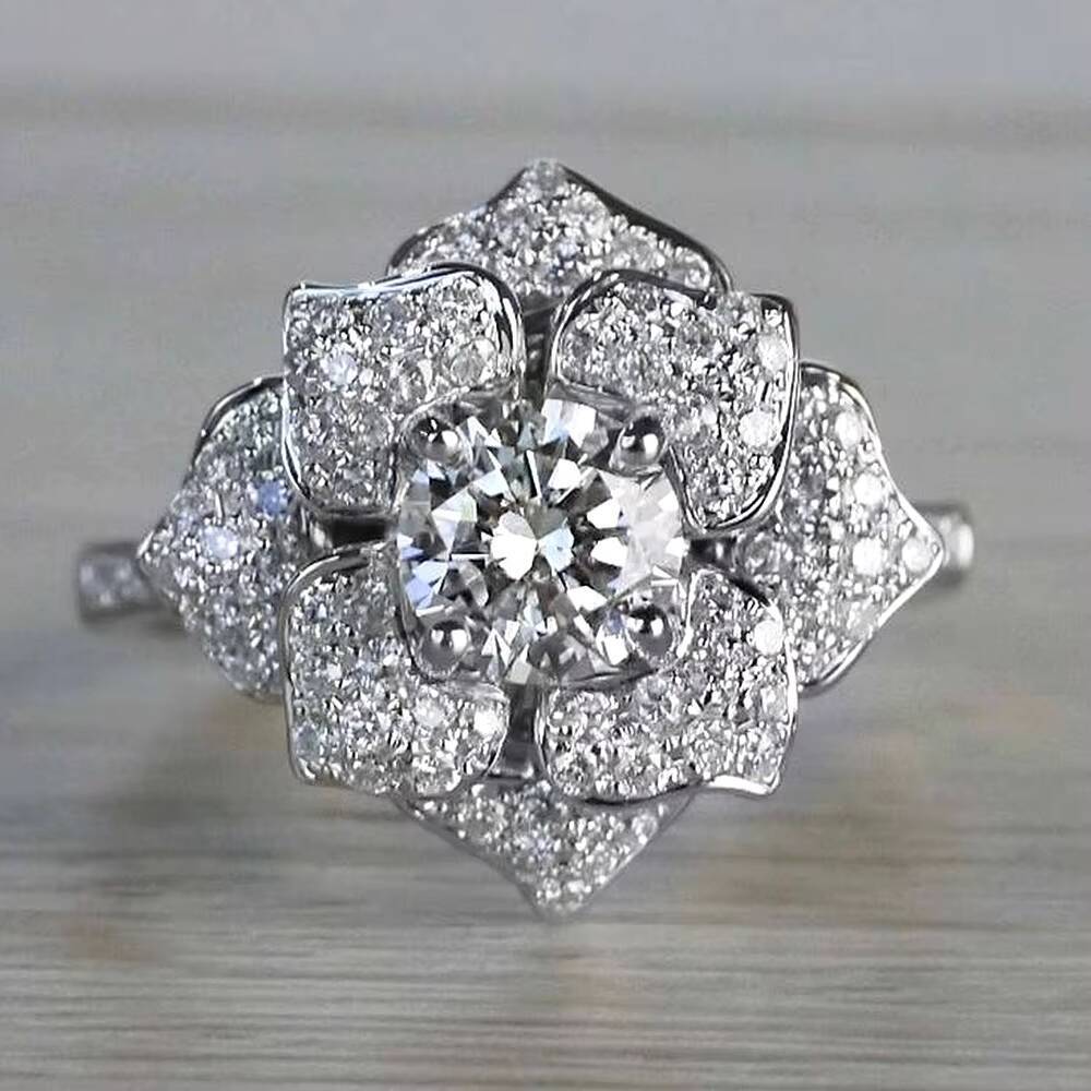 CAOSHI Luxury Flower Design Full Paved Simulated Moissanite Finger Rings for Exquisite Women Wedding Silver Plated CZ Rings OEM
