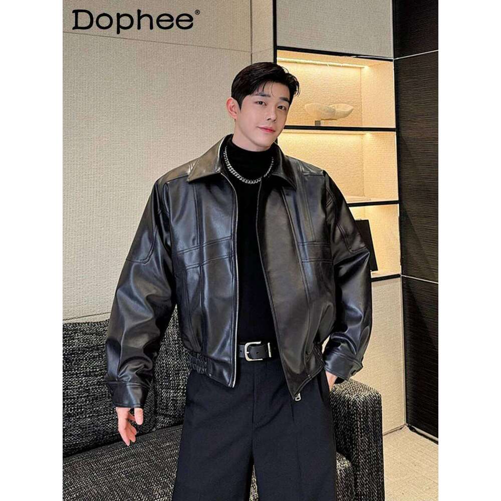 2025 Autumn Winter New High-End Handsome Locomotive Jackets Men's Short Windproof Long-Sleeve Faux Leather Cotton Jacket