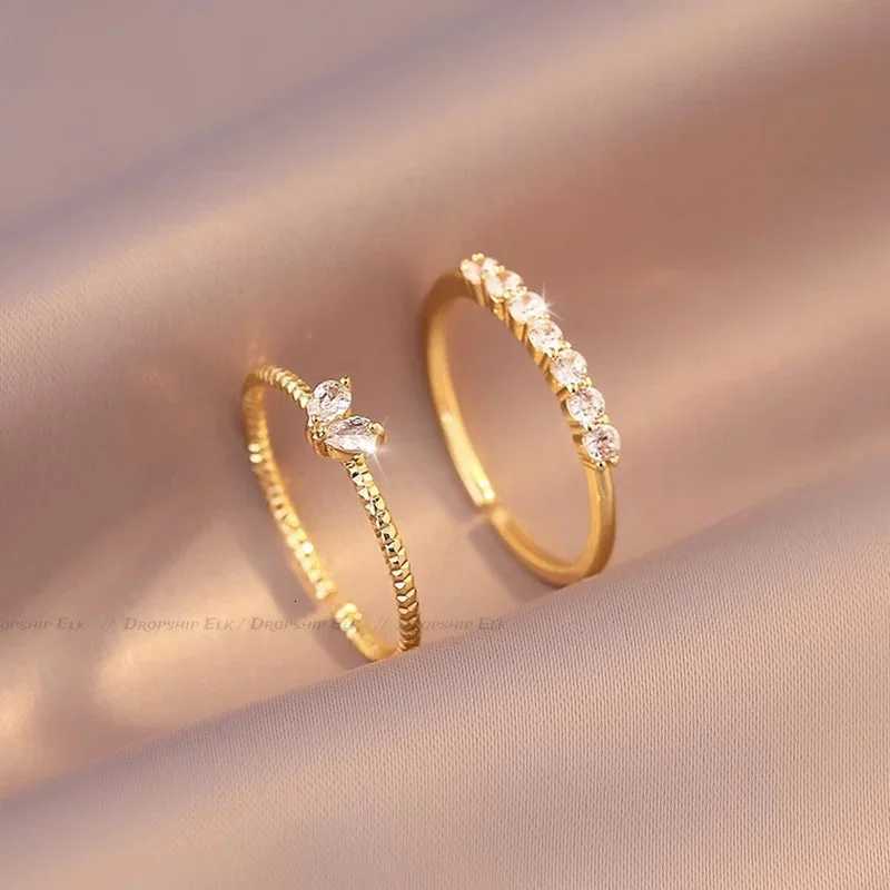 2-piece/set gold heart-shaped zircon ring set suitable for women adjustable minimalist luxury twisted ring fashionable jewelry wedding gift W250417