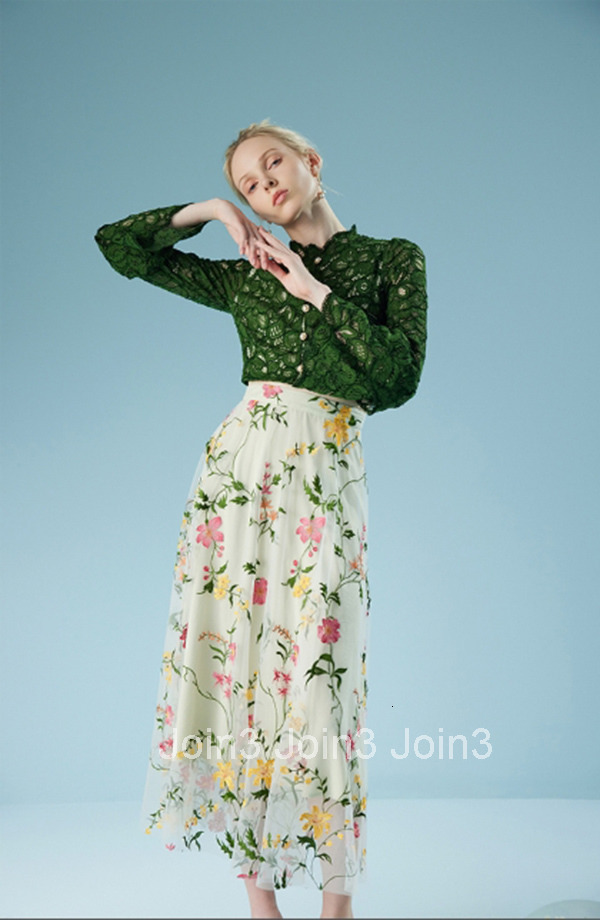 Summer New Lace French Blouse for Women Romantic Temperament Bell Sleeve Green Shirt 2295