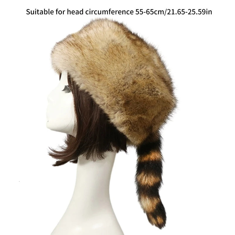 Plush Russian Style Flat Top Hat Winter Mongolian Hat Thickened Plush Raccoon Tail Hat for Adults Teens Keep Warm Hat Wholesale 250724