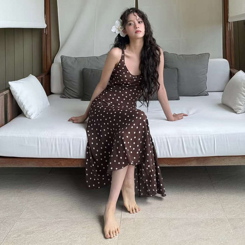 2025 Summer New Vacation Style Polka Dot Slim Fit Elegant Strap V-Neck Long Dress f81