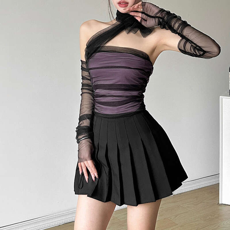 2024 Spring New Fashion Mesh Sleeve Set Silk Scarf Tie Strap Tube Top Backless Vest bf6