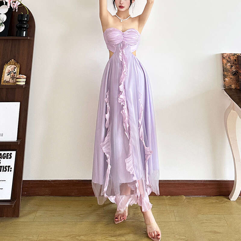 2025 Spring New Women's Solid Color Slim Fit High Waist Fashion Off-Shoulder Tube Dress 6e4