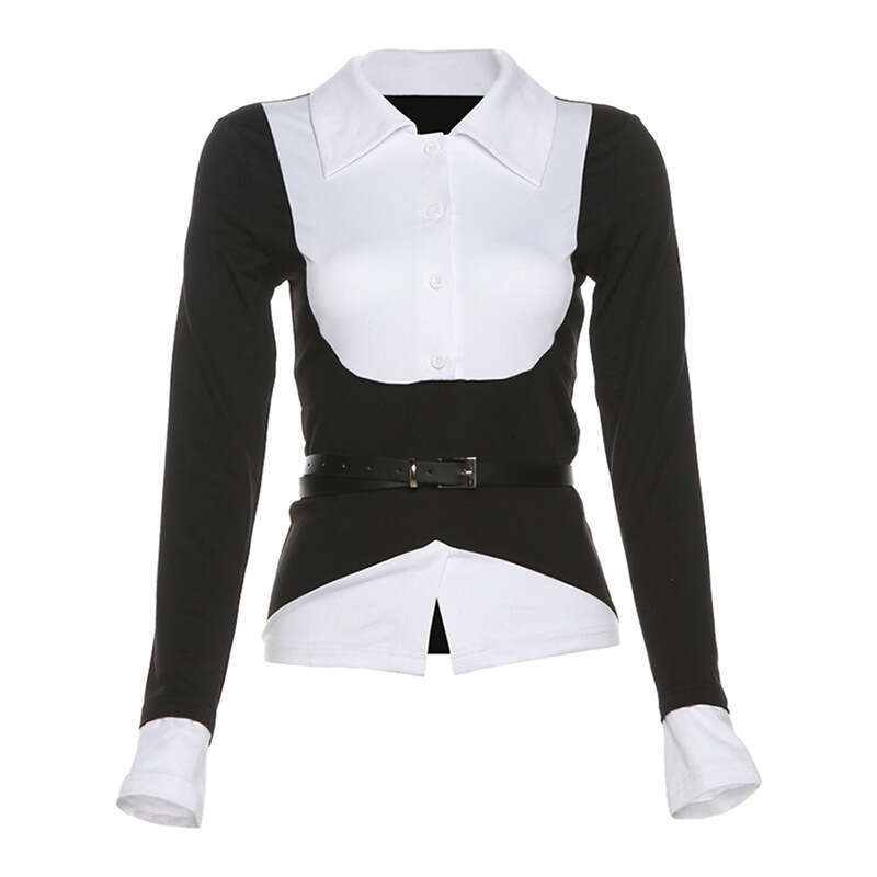 2024 Autumn New Women's Solid Color Slim Street Fashion Turn-Down Collar Long Sleeve Fake Two-Piece Top 2a8