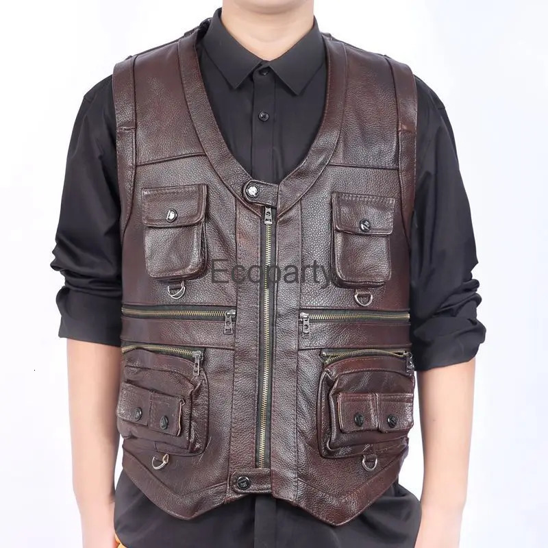 2024 Autumn Winter Leather Vest Mens Zipper Waistcoat Steampunk Sleeveless Motorcycle Jackets Casual Multiple Pockets Coat 250725