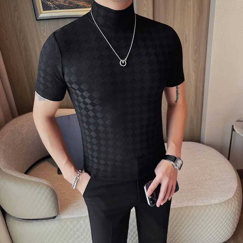 Summer Plaid T-Shirts For Men Fashion Clean Fit Short Sleeve Mens Casual T Shirt All Match Breathable High Collar Turtleneck Z250725