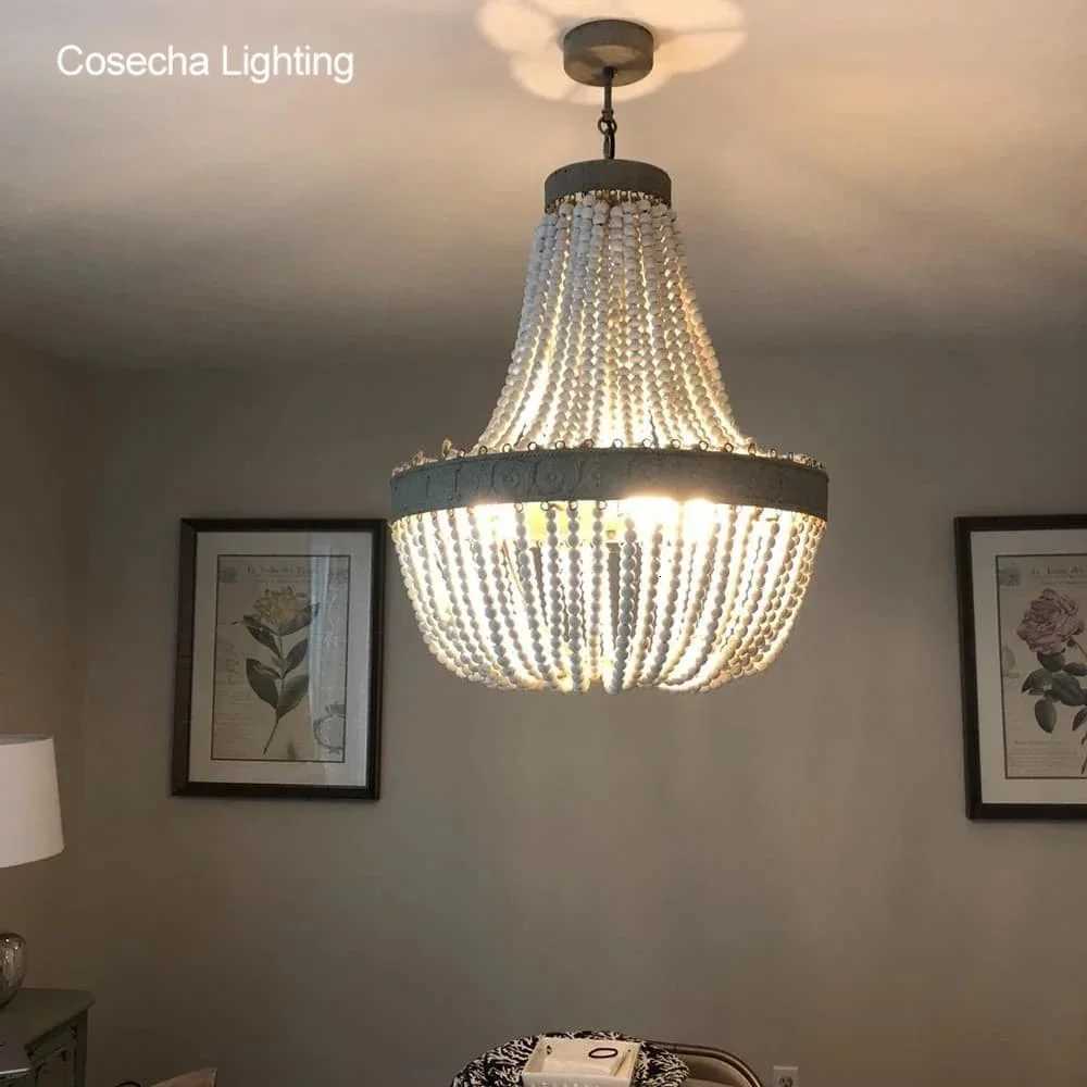 French Antique White Wood Bead Chandeliers Vintage Gray Beaded Farmhouse Chandelier Lighting Bedroom Dining Room Retro LightXJ250725