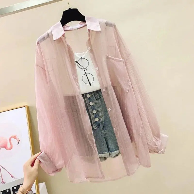 Summer Sunscreen Shirt Elegant Perspective Thin Chiffon Blouse Korean Harajuku See Through Loose Top Casual Womens Cardigan 250717