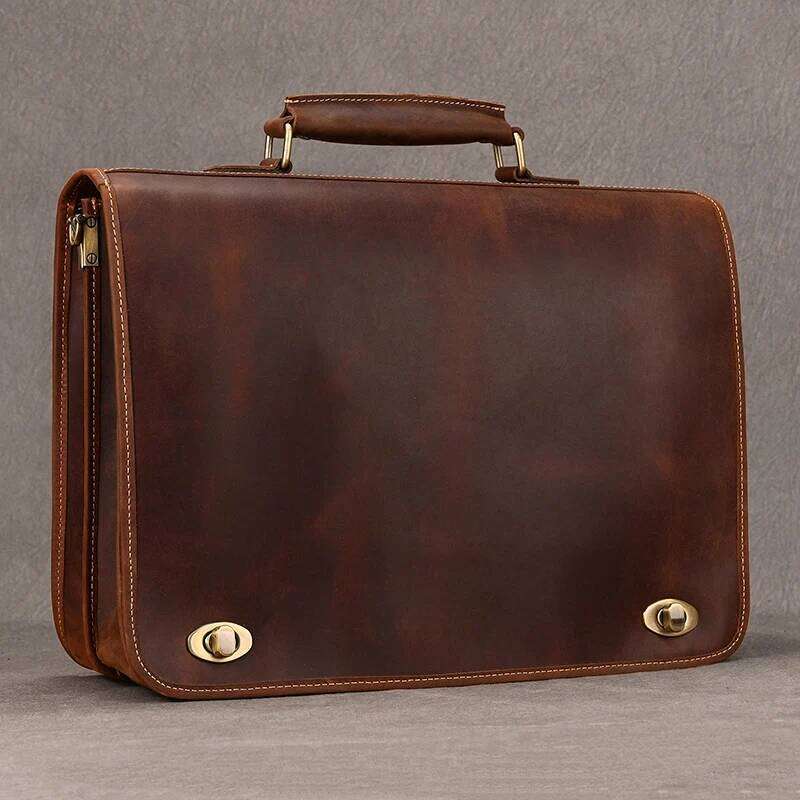 OLOEY Top Grade Thick Genuine Men 15" Laptop Cow Leather Business Bag Tote Man Briefcase With Shoulder Strap