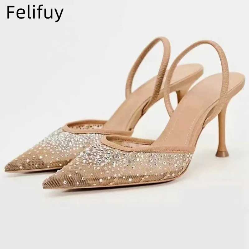 Sexy Rhinestone High Heels Women Fashion Designer Sandals Party Dress Bridal Shoes Mesh Glitter Pointed Toe Muller Pumps Women Z250725