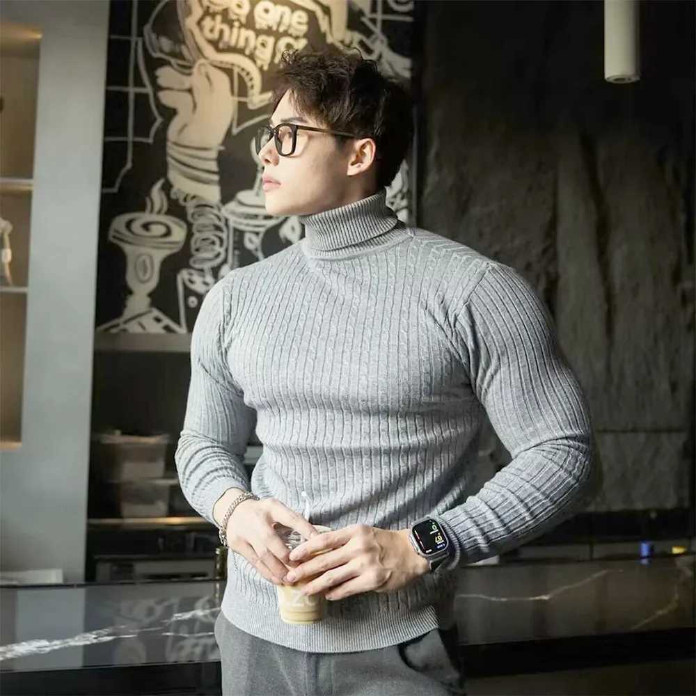 New Mens Turtleneck Sweaters Autumn Knitted Striped Streetwear Warm Long Sleeved Pullover Solid Color Basic Style Casual Tops Z250725