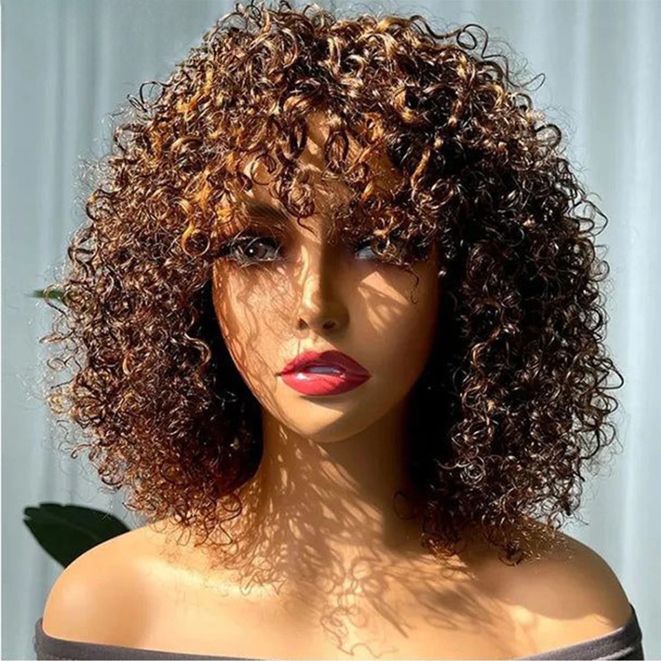 Highlight Blonde Short Pixie Afro Kinky Curly Bob Human Hair Wigs With Bangs For Women Ready To Wear Ombre Brown Wigs Synthetic Wig