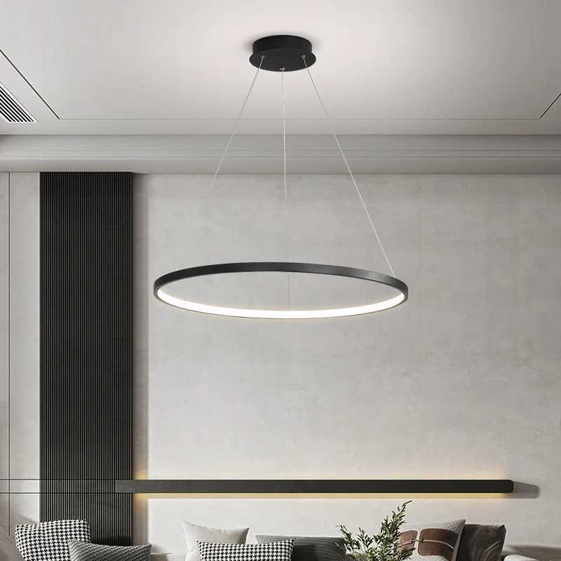 Modern Round LED Chandelier Black/White - Dimmable Pendant Light for Kitchen Living Room Surface Mounted Minimalist Home Light XJ250725