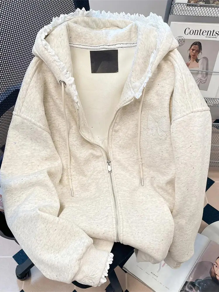 Grey Heavy Duty Nail Bead Embroidered Bow Hoodie Coat For Women Sweet Lazy Zipper Style Lace Splicing n Hoodie Top 250725
