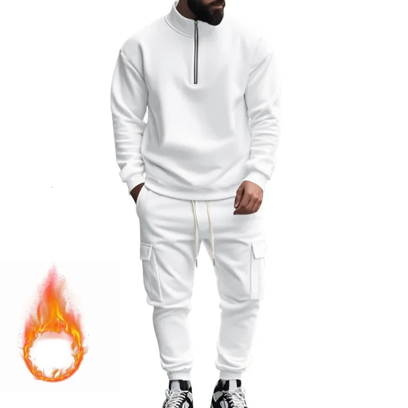 Autumn and Winter Mens Casual Velvet Warm Zipper Sports Trousers Set 250725