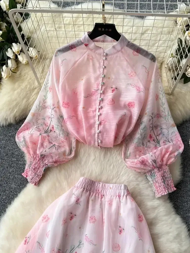 Summer Holiday Organza Gorgeous Flower 2 Piece Set Women Long Lantern Sleeve Shirt Blouse and Elastic Waist A Line Skirt Suit 250725