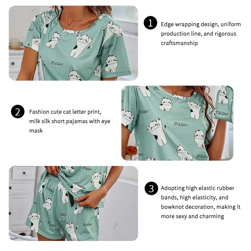 Women Pajamas Sets Short Sleeve Nightwear Top and Pants Sleepwear 2 Piece Pjs Loungewear Cartoon Print Pyjamas Set 250717
