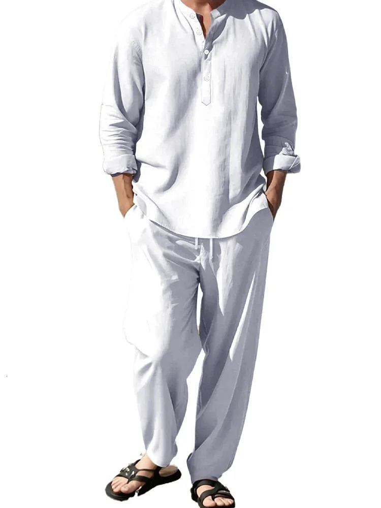 2pcs Shirt Pants Set Long-sleeved Henry Shirt Trousers Suit Sense of Texture Vacation Light Breathable Draped Mens Clothing 250725