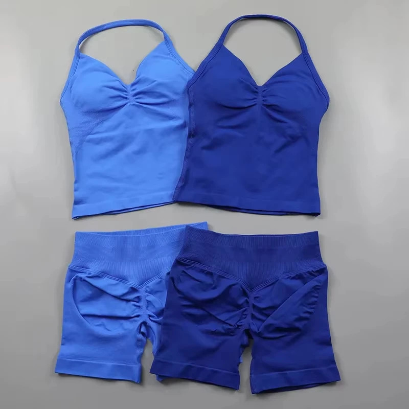 2Pcs Seamless Yoga Set Women Padded Halter Tank Top Scrunch Butt Lifting Gym Shorts Set Summer Sportswear Workout Clothes 250725