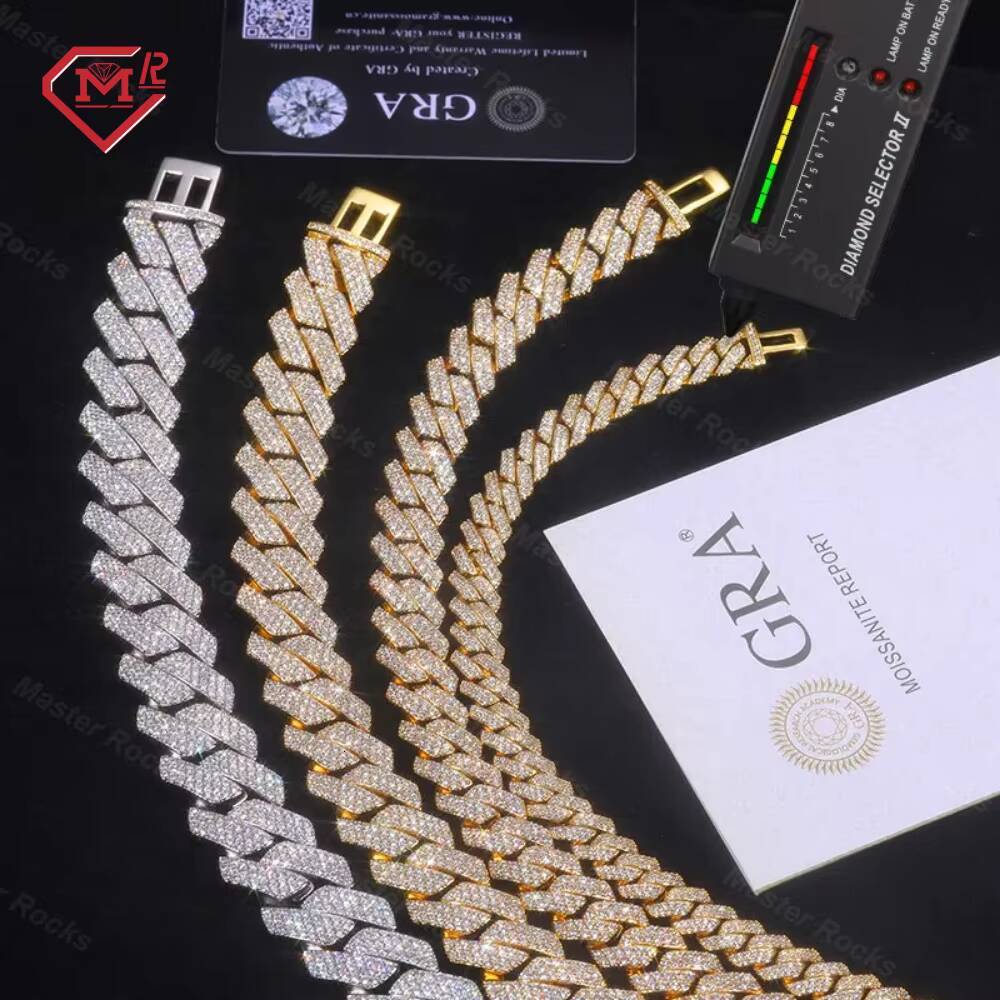 Gra Certificated Moissanite Cuban Chain 10mm 12mmm 14mm 2 Rows 925 Silver Hip Hop Moissanite Cuban Link Chain