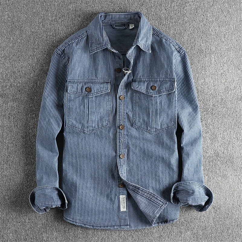 Yarndyed striped fabric washed to make old vintage cargo denim shirt for men European and American fashion casual coat y250725
