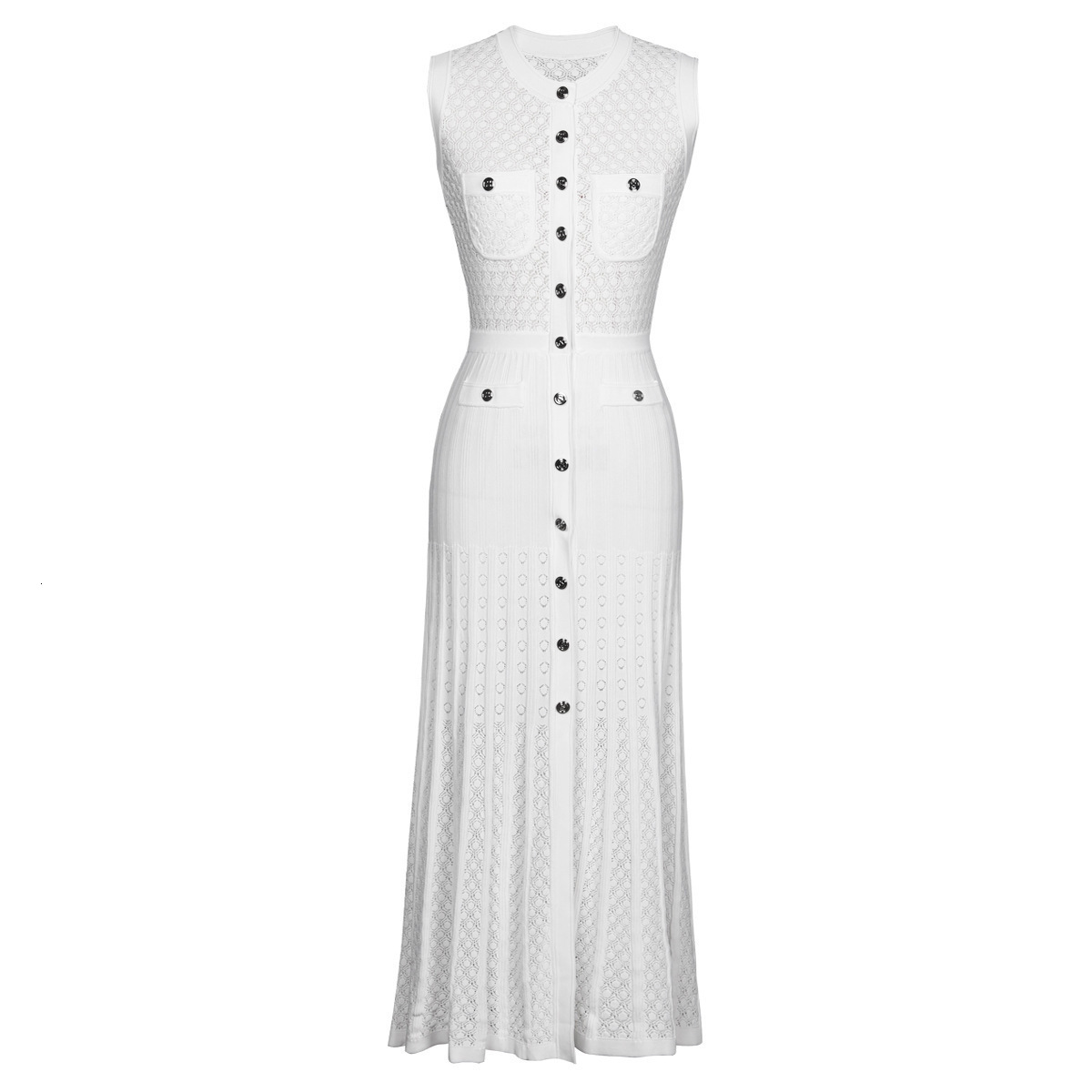 2025 Summer French Style New Single-Breasted Fashion Elegant Slimming Knitted Dress Women Long Sleeveless Dress