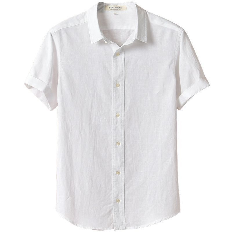 Breathable Shirt Men's Short Sleeve Slim Fit Top Summer Thin Turn-down Collar Youth Cotton Linen Casual White Mengyu