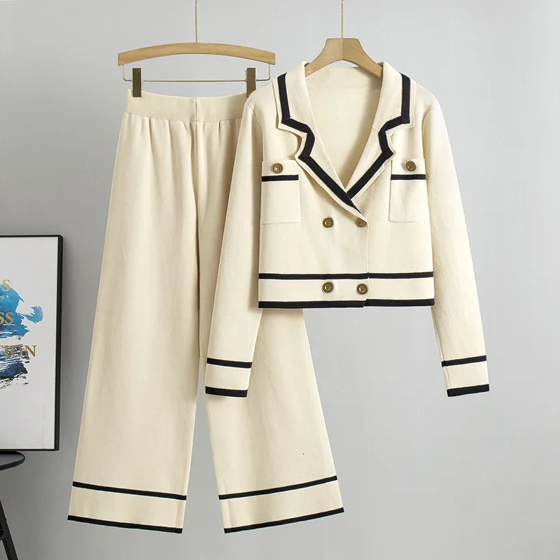 Two Piece Set Muslim Women Knitting Suit Sweater Cardigan Wide Leg Pants Pockets Buttons Outfits Dubai Morocco Casual Ensemble 250725