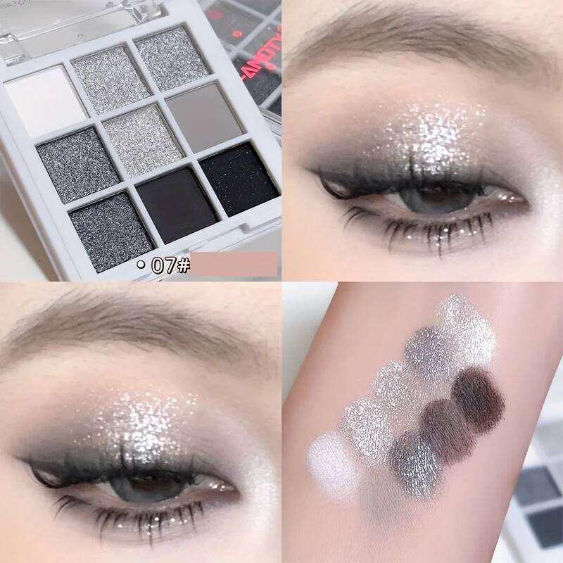9 Colors Eyeshadow Palette, Dark Black Grey Siery Color Shimmer Matte Glitter Finish y Style
