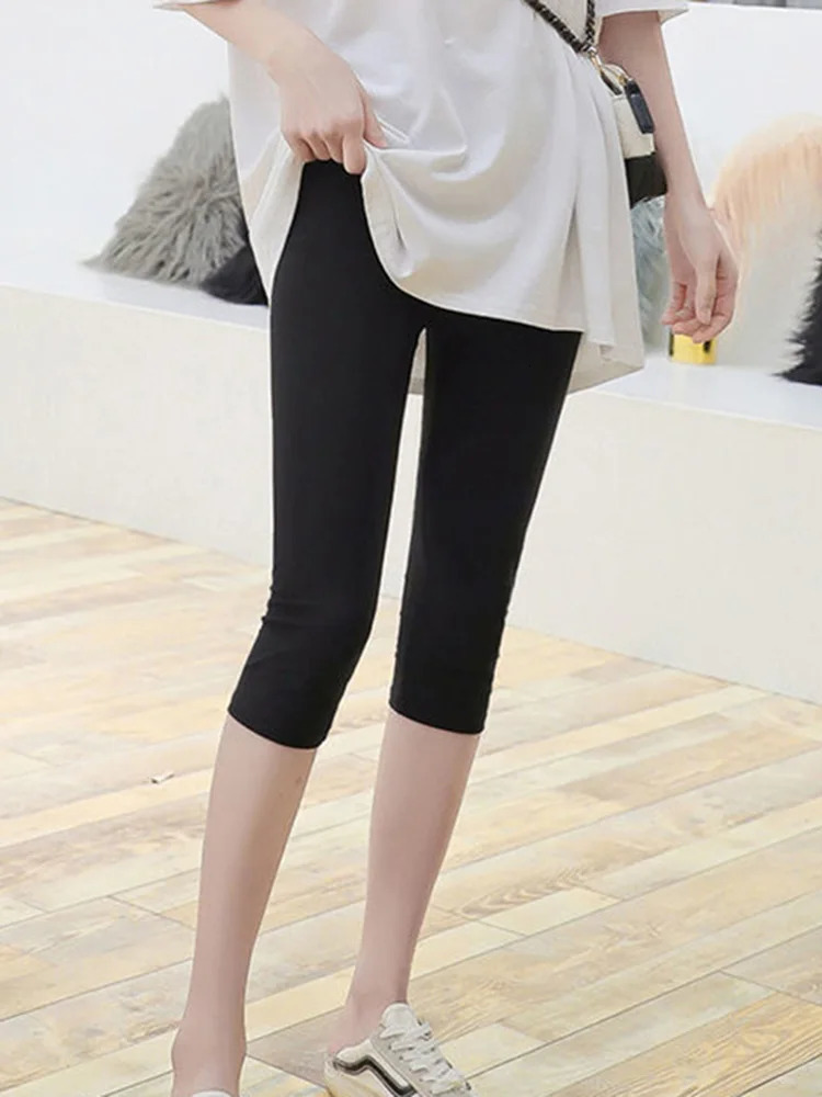 CUHAKCI Summer Short Legging Jegging Polyester Solid Black s Fitness Elastic MidCalf Cropped Pants 250725
