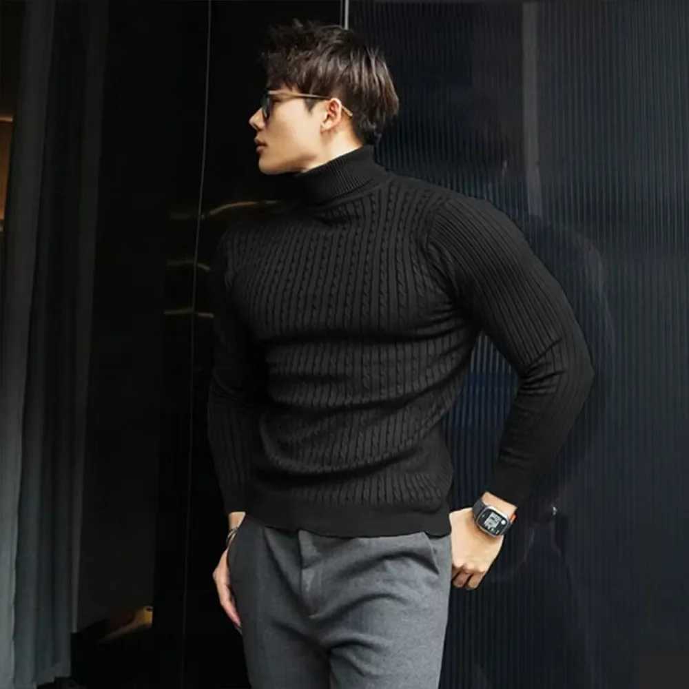 New Mens Turtleneck Sweaters Autumn Knitted Striped Streetwear Warm Long Sleeved Pullover Solid Color Basic Style Casual Tops Z250725
