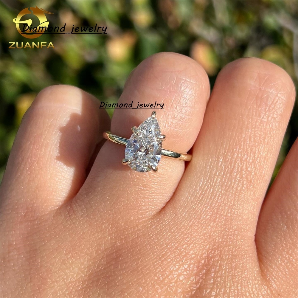 Zuanfa Real Yellow Gold Classical Bride Wedding Engagement Jewlery Lab Created Diamond Pear Cut Pear Cut Diamond Ring
