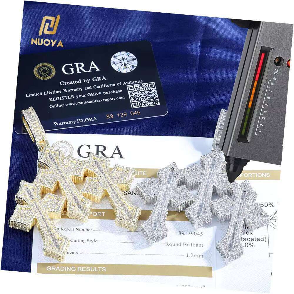 NUOYA Fine Jewelry Pass Dia Tester Large Hip Hop for Men Women Iced Out Baguette Moissanite Three Cross Pendant