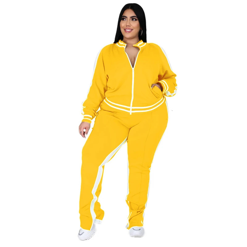 Plus Size L-5XL Two Piece Set Women Sweatsuit Zip Striped Top Slit Sweatpants Jogger Outfit Matching Set Wholesale Drop 250717
