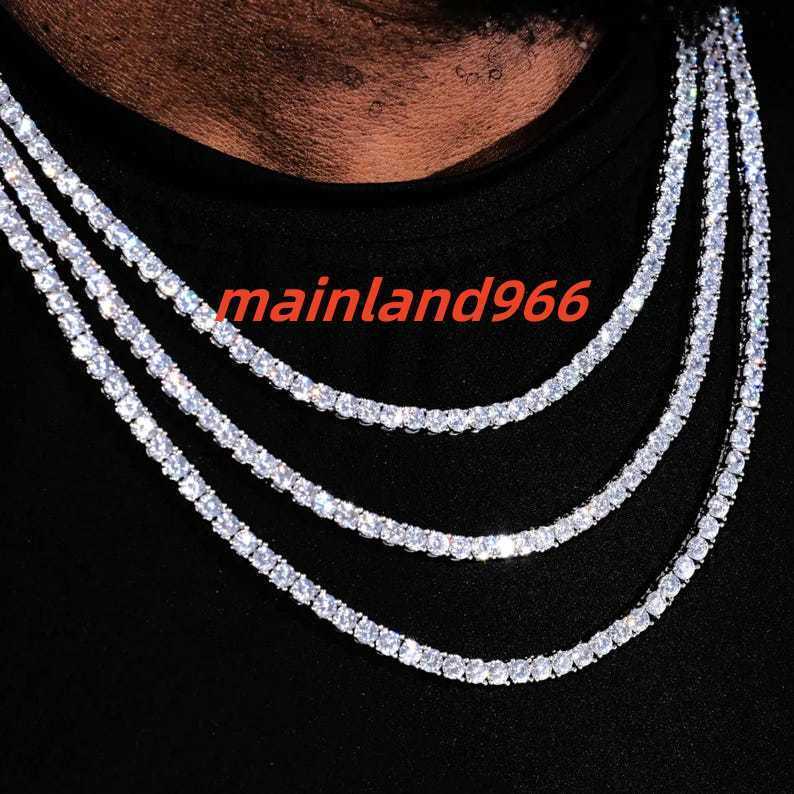 Rinntin MON01 Premium Iced Hip Hop Moissanite Necklace 925 Sterling Silver Iced Cut 2mm 3mm 4mm Moissanite Tennis Chain Necklace