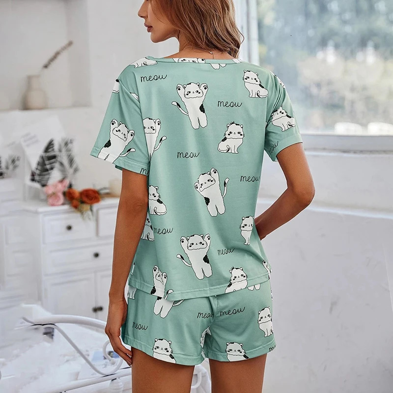 Women Pajamas Sets Short Sleeve Nightwear Top and Pants Sleepwear 2 Piece Pjs Loungewear Cartoon Print Pyjamas Set 250717