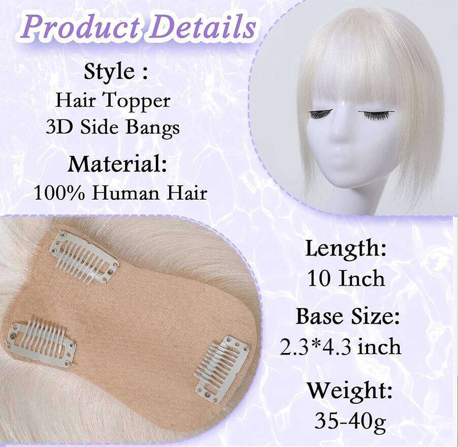 10 inch Blonde Topper with Air Bangs Silk Straight Pieces Platinum Natural 100% Remy Human Hair for Women Use