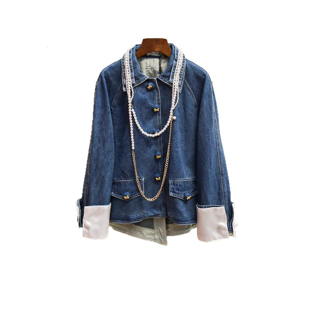 Womens Fashion Modern Pearl Chain Denim Jacket + Wide-Leg Pants + Skirt