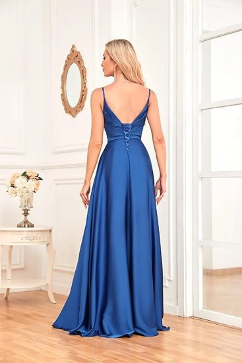 Satin Bridesmaid Dresses with Slit A Line Spaghetti Strap Formal Prom Evening Party Gown Pocket V Neck Long Ball 250725