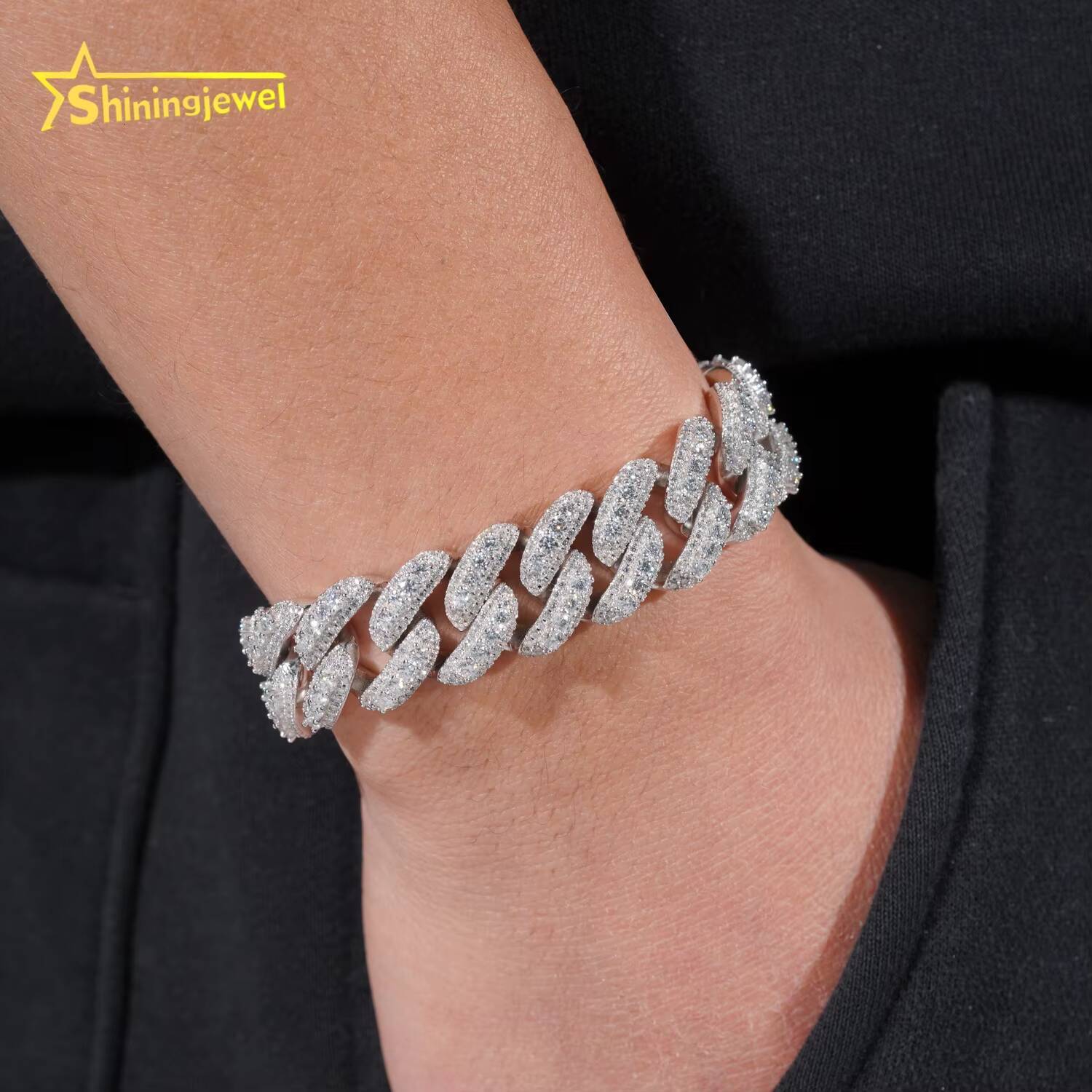 Hot Selling Hip Hop 16mm Moon Shape Cuban Link Custom Iced Out Men Moissanite Bracelet 925 Sterling Silver