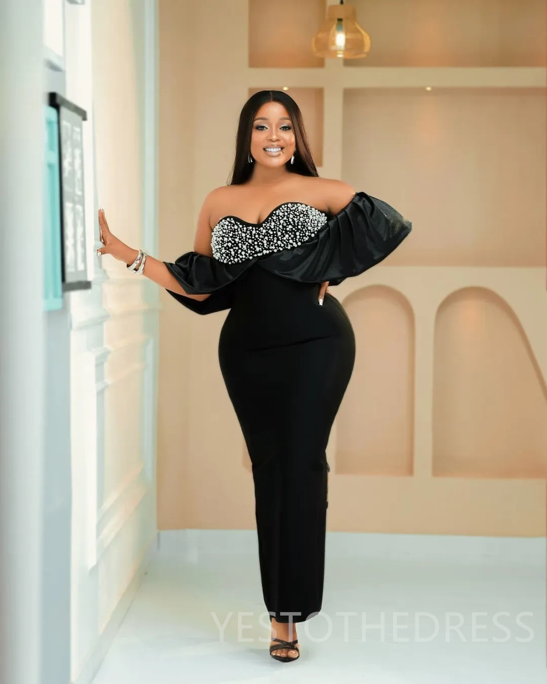 2025 Plus Size Black Prom Dress Evening Dresses Mermaid Formal Gowns For Black Women Velvet Off Shoulder Pearls Beaded Birthday Dress Second Reception