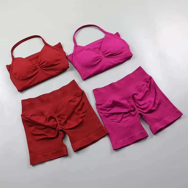 2Pcs Seamless Yoga Set Women Padded Halter Tank Top Scrunch Butt Lifting Gym Shorts Set Summer Sportswear Workout Clothes 250725