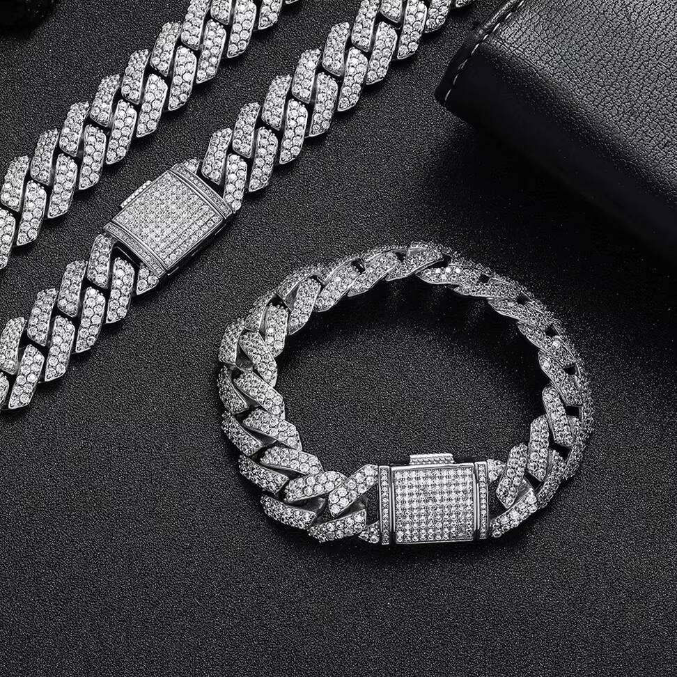 NUOYA 10/15MM Two Rows VVS Moissanite Iced Out Diamond Chain 925 Sterling Silver Necklace Miami Cuban Link Chain for Men