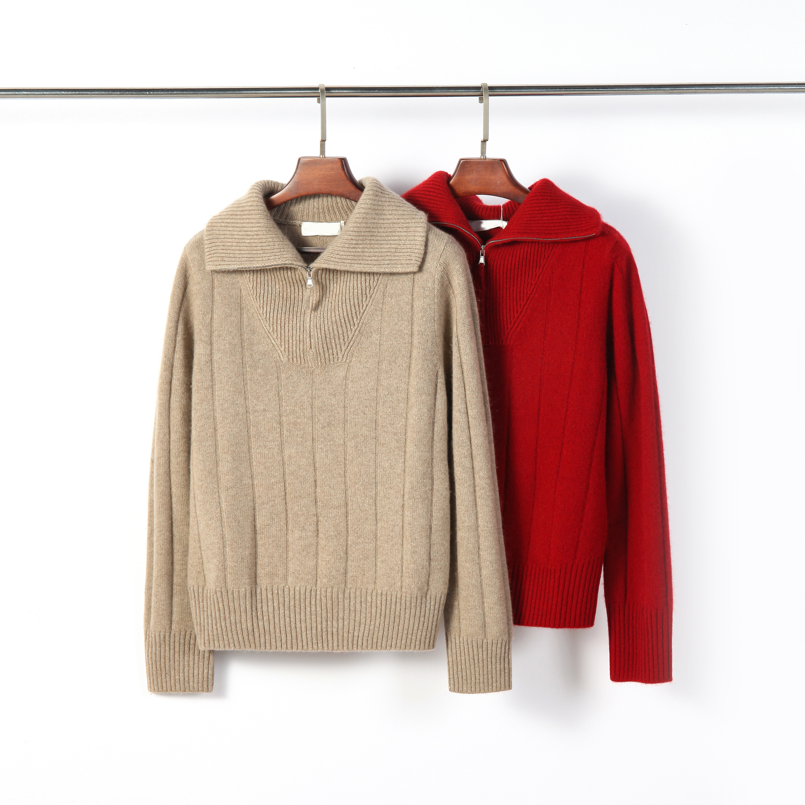 100% Cashmere Women's Lapel Half Zipper Sweater Pit Stripe Texture Autumn & Winter Knit Top