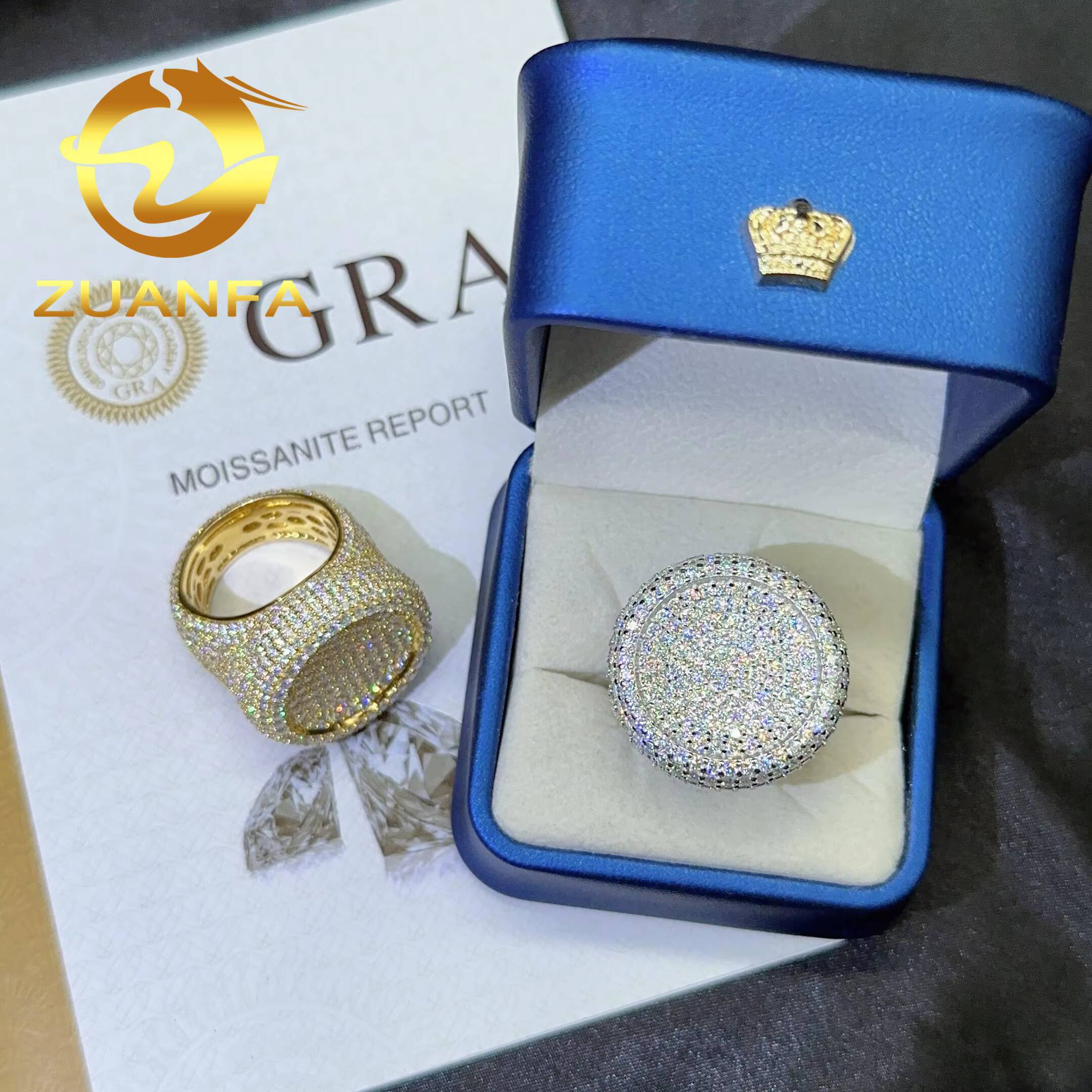 Fashion Rapper Jewelry Full Paved VVS Moissanite Diamond Ice Out Round Engsgement Ring Shining Hip Hop Rings